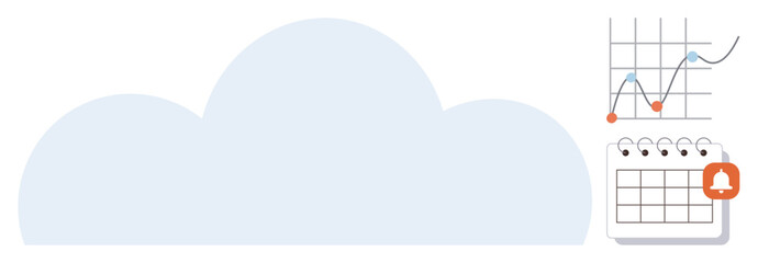 Light blue cloud alongside a rising graph and calendar with notification. Ideal for data storage, planning, analytics, scheduling, productivity, reminders, and digital accessibility. Simple flat