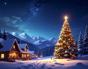 Fototapeta premium Snowy Christmas night scene featuring decorated tree and houses