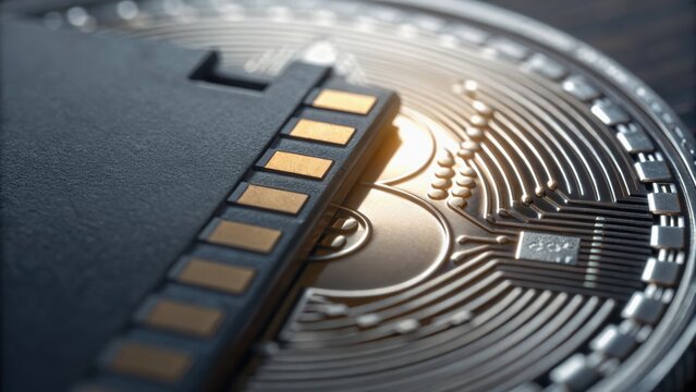 Close-up of a computer chip resting on a circular circuit pattern, symbolizing technology and digital currency. - Powered by Adobe