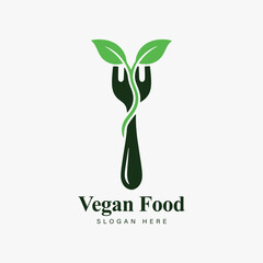Eco Friendly vegan food and fork logo vector template focuses on simplicity, elegance, and ease of recognition.