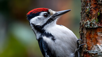 Naklejka premium woodpecker clinging to a tree trunk in a natural forest background showcasing wildlife charm