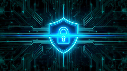 Digital Shield of Security: A neon blue shield emblem with a padlock at its center, glows against a backdrop of intricate circuit patterns.