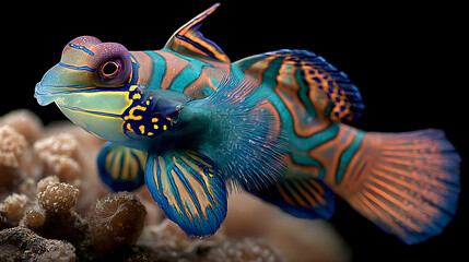 Fototapeta premium mandarin fish exploring coral formations in a detailed underwater scene showing bright patterns ocean habitat and lively marine species
