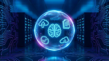 Obraz premium Digital Intelligence: A glowing sphere of digital intelligence, representing interconnected data, floats in a futuristic server room.