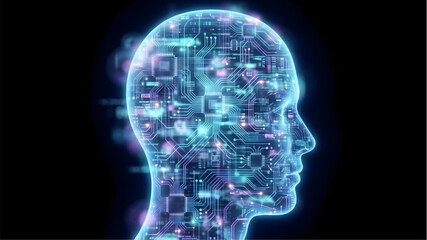 Digital Brain: A mesmerizing view of a human head is constructed with circuit board lines, symbolizing artificial intelligence and futuristic innovation.