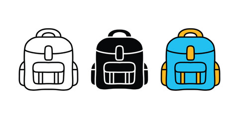 Backpack Vector Set. Outline, Silhouette, and Colored Icons. School Backpack Icon Pack