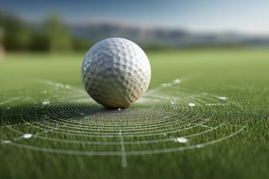 Golf ball tracked using advanced graphic technology on a vibrant green course with a clear sky in the background