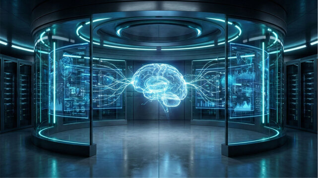 Technological Brain: Inside a cutting-edge futuristic lab, a glowing brain hologram takes center stage. A symphony of digital data streams, pulsating light, and advanced technology converge.