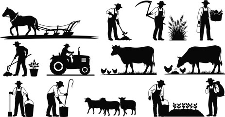 Farming silhouette set, traditional agriculture scenes, farmer and animal icons, rural life illustration, countryside labor poses, flat vector