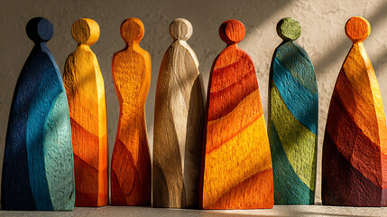 vibrant wooden human figures standing in order on a light background with natural sunlight and shadows symbolizing diversity inclusion equality community harmony and collaborative teamwork