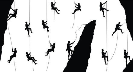 Rock climber silhouette, rappelling pose, climbing gear, mountain sport, vertical action, outdoor adventure, flat vector, black icon, rope technique, cliff ascent © Mahafuj  Creatives