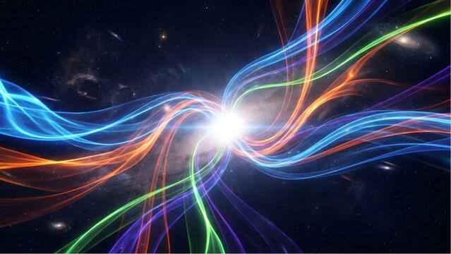 Cosmic Symphony of Light and Energy: A vibrant dance of colorful energy streams bursts forth from a central point, symbolizing the vastness and intricacy of the cosmos.