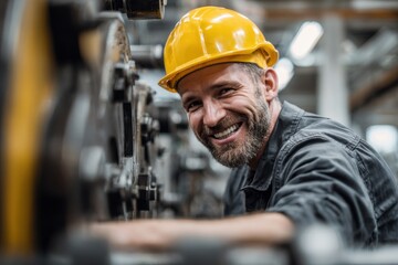 Man in yellow hard hat smiles while working in an industrial setting, engaging with machinery during a bustling workday