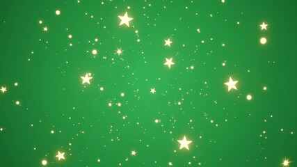 Sparkling Golden Stars and Glitter Particles on a Vibrant Green Background, Festive Holiday Season Overlay.