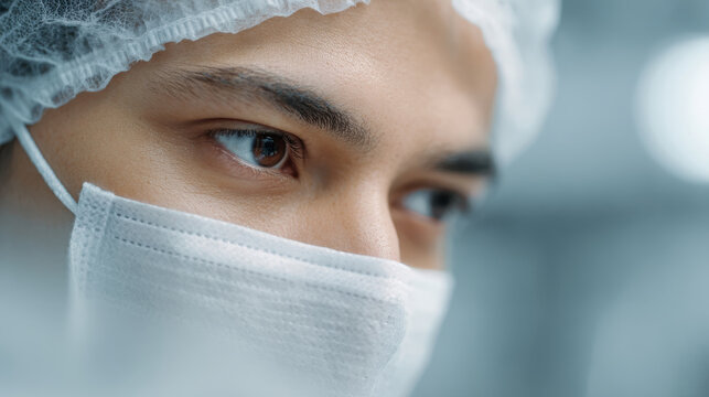 Focused scientist eyes sterile mask lab precise calm cleanroom safety protocol