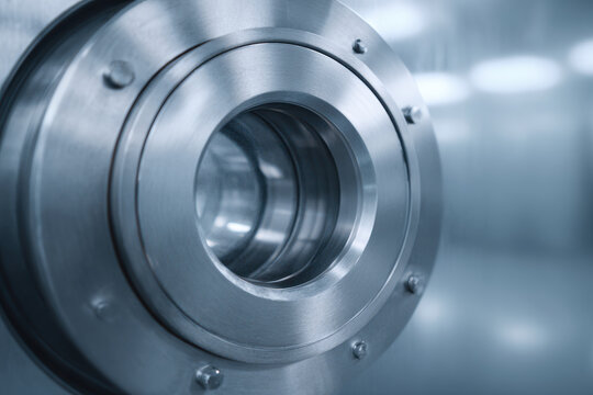 Stainless steel industrial valve circular precision, calm focus polished machinery clean room