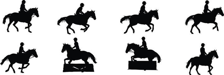 Horse jumping silhouettes, equestrian vector set, rider over obstacle, show jumping illustration, sports motion graphic, flat vector, black outline