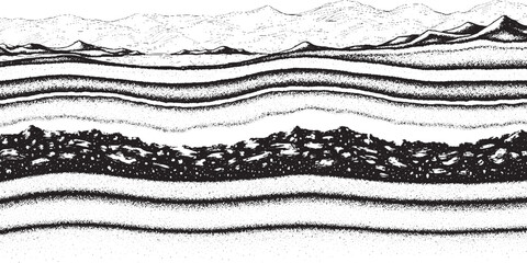 Geological layers of earth with mountains in the background. © plustration