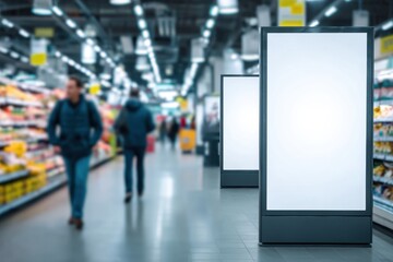 Innovative interactive AI advertisement displays showcase technology in a retail store managed by shoppers in a modern marketplace environment