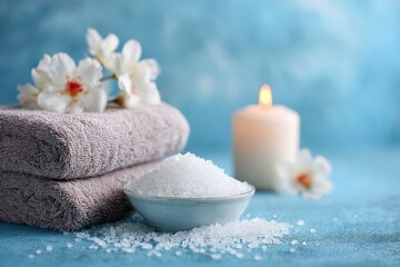 Relaxing spa setting featuring sea salt, soft towels, and a scented candle with delicate flowers to enhance a soothing atmosphere