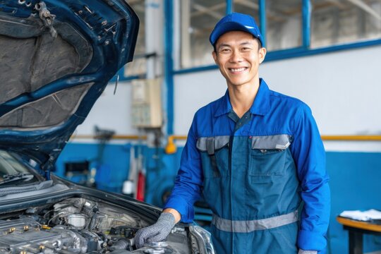 Smiling mechanic working in a garage on a vehicle during the day while wearing blue coveralls and gloves
