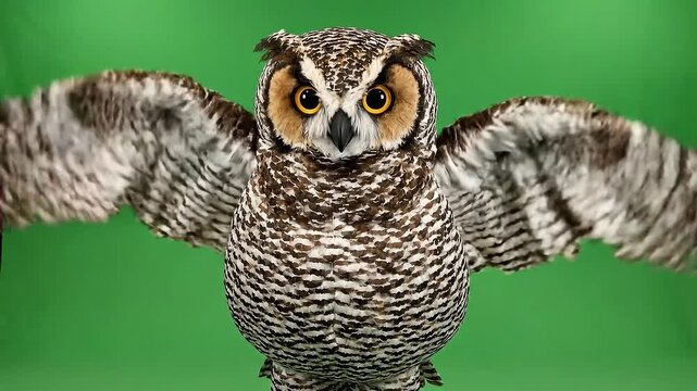 A long eared owl with its wings spread wide stands against a vibrant green screen background showcasing its detailed brown and white speckled plumage and bright orange