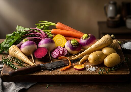 Fresh Root Vegetables on Rustic Kitchen Cutting Board - Powered by Adobe
