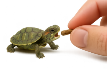 Hand feeding small baby turtle on transparent background