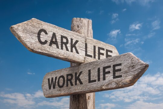 Wooden signpost showing directions to cark life and work life under a clear blue sky