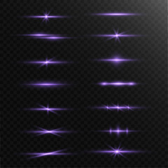 Violet neon light strip radiates smooth glowing waves with soft particle shimmer and elegant flare sparkles. Luminous gradient motion enriches modern design. Vector 