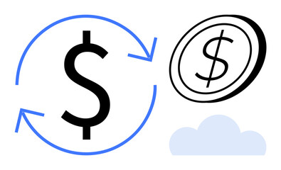 Large dollar sign with circular arrows, classic coin, and cloud graphic. Ideal for finance, economy, digital banking, transactions, investments fintech and cloud storage. Minimal flat metaphor