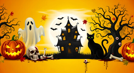 Spooky halloween night scene with a haunted house, ghost, black cat, jackolanterns, and bare trees under a full moon