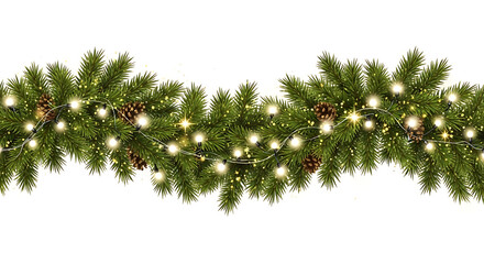 Festive christmas garland with glowing lights and natural pinecones, perfect for holiday decorations, isolated on white background