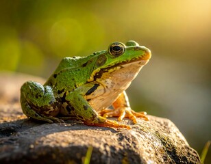 Obraz premium Close-up of a green frog sitting on a stone, sunlit, vibrant