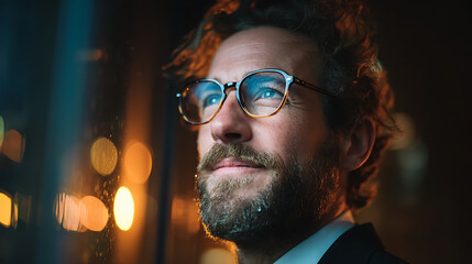 businessman standing by window at night, leadership concept showing focus ambition planning and executive business vision