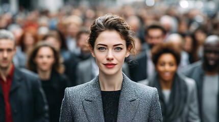 businesswoman standing confidently among diverse crowd, formal suit leadership concept representing inclusion empowerment and corporate ambition