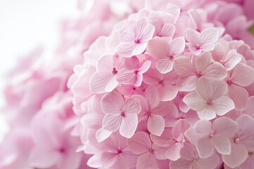 Fototapeta premium A vibrant pink hydrangea bush with delicate white flowers, set against a lush green backdrop of trees and foliage.