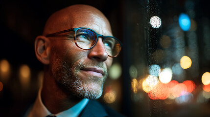 businessman standing by window at night, leadership concept showing focus ambition planning and executive business vision