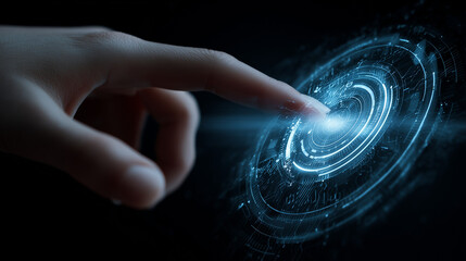 Hand touch digital hud interface futuristic technology background of virtual computer screen display ui future concept or cyber communication hologram and innovation internet system on vr cyberspace