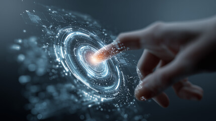 Hand touch digital hud interface futuristic technology background of virtual computer screen display ui future concept or cyber communication hologram and innovation internet system on vr cyberspace