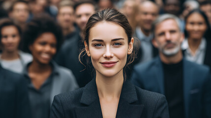 businesswoman standing confidently among diverse crowd, formal suit leadership concept representing inclusion empowerment and corporate ambition