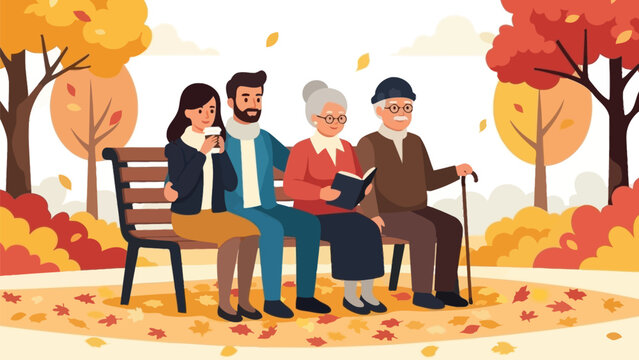 Flat vector autumn scene of people sitting on a park bench holding coffee, falling leaves and cozy outdoor seasonal atmosphere.