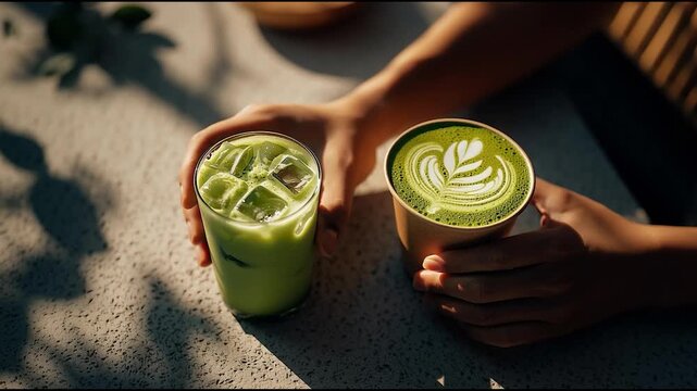 Hands holding iced matcha latte and hot matcha latte with leaf latte art on textured stone table in natural sunlight