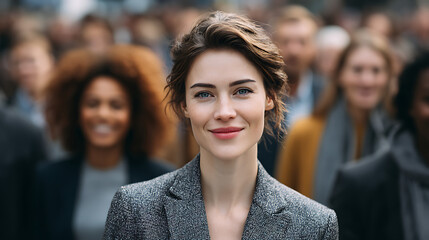 businesswoman standing confidently among diverse crowd, formal suit leadership concept representing inclusion empowerment and corporate ambition
