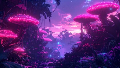 Vibrant Neon Pink Glowing Mushroom Forest in a Tropical Fantasy Jungle,