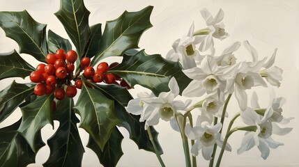 Fototapeta premium Christmas Holiday Arrangement: Realistic Acrylic Painting of Holly and Narcissus