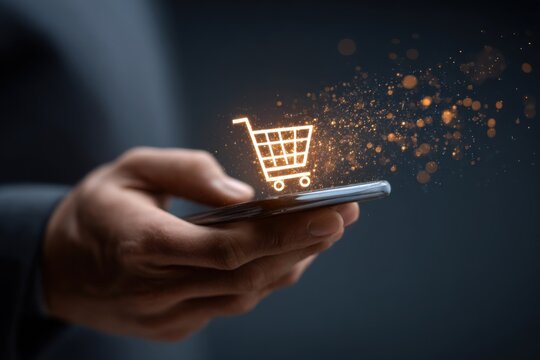 Hand holding a smartphone displaying a shopping cart icon, representing online shopping and digital commerce activities at a modern workspace