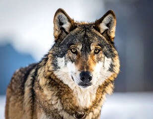 Obraz premium Close-up of a majestic wolf with amber eyes looking directly