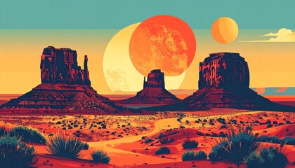 Retro Pop Art Style Illustration of Monument Valley Buttes and Twin Suns