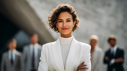 businesswoman wearing white suit with professional team in background, female executive leadership teamwork and modern business success theme